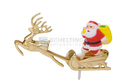 Kerstman op gouden slee met prikker 25st. Plastic
